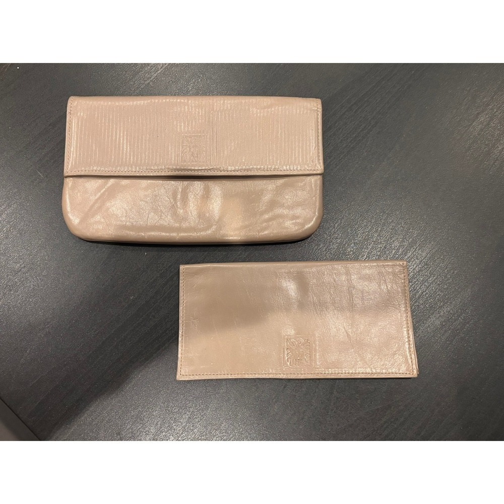 Vintage Anne Klein by St Thomas Taupe Leather Clutch and Checkbook Cover‎ Set